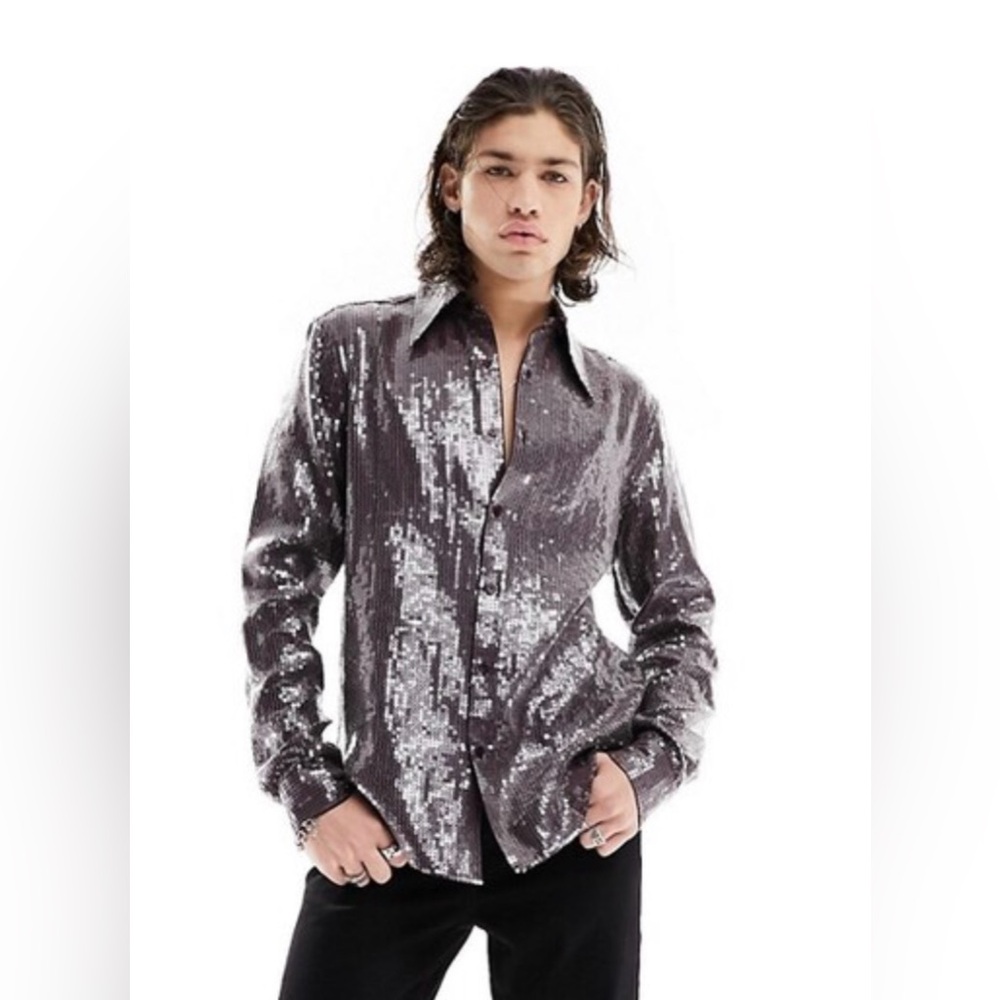 ASOS Design Brown/Maroon Sequin Button-Up Shirt with Oversized Collar - NWT